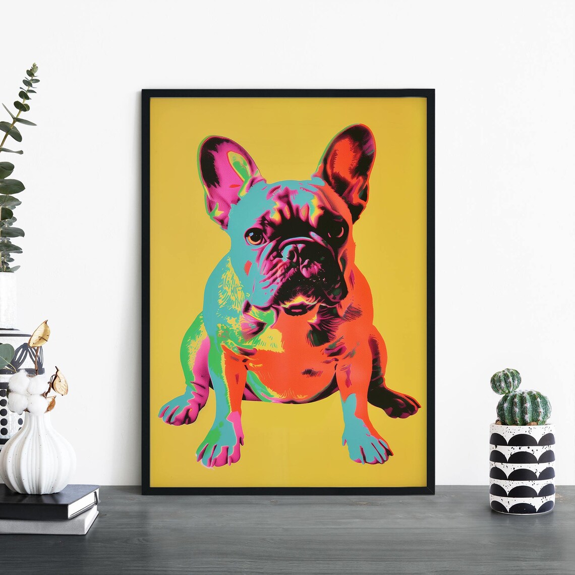 Colorful French Bulldog Sitting Pop Art Mustard Yellow Poster