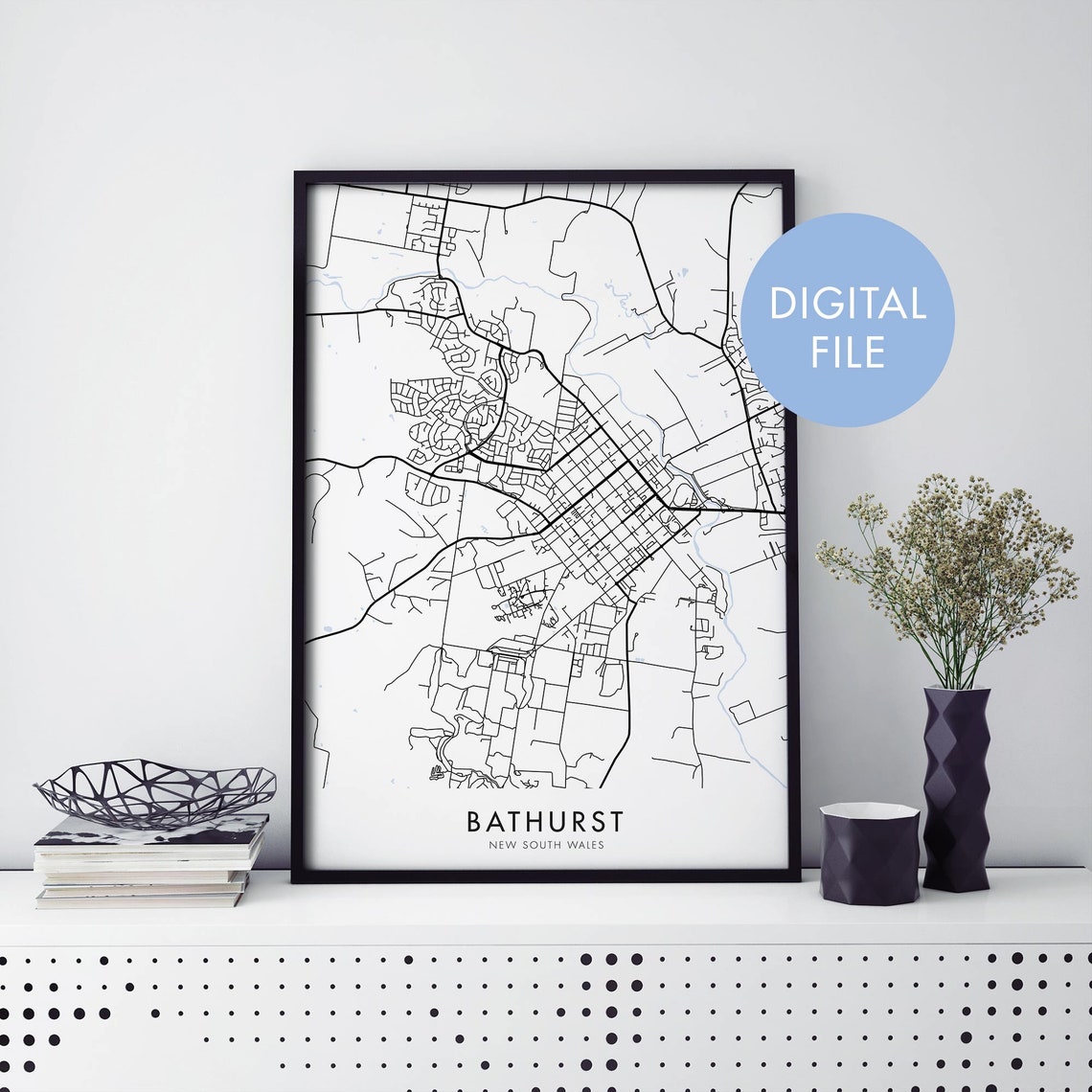 Bathurst New South Wales Black and White City Map Line Art Print