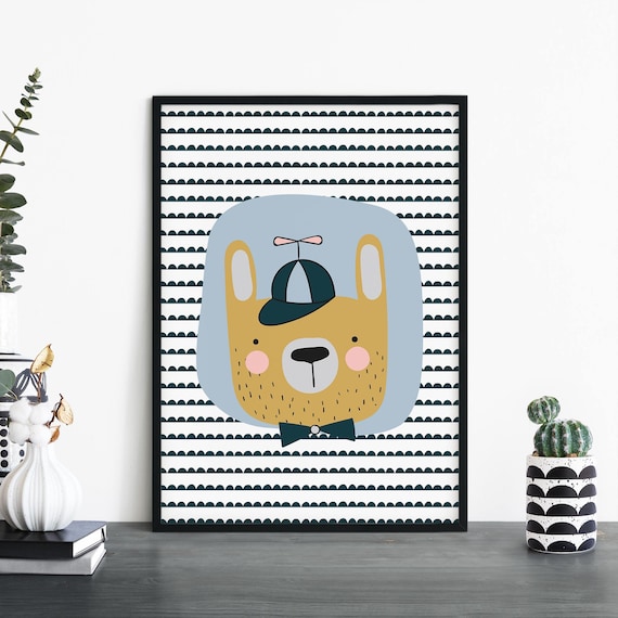 Cute Cartoon Bear With Cap Bow Tie Kids Nursery Room Wall Poster
