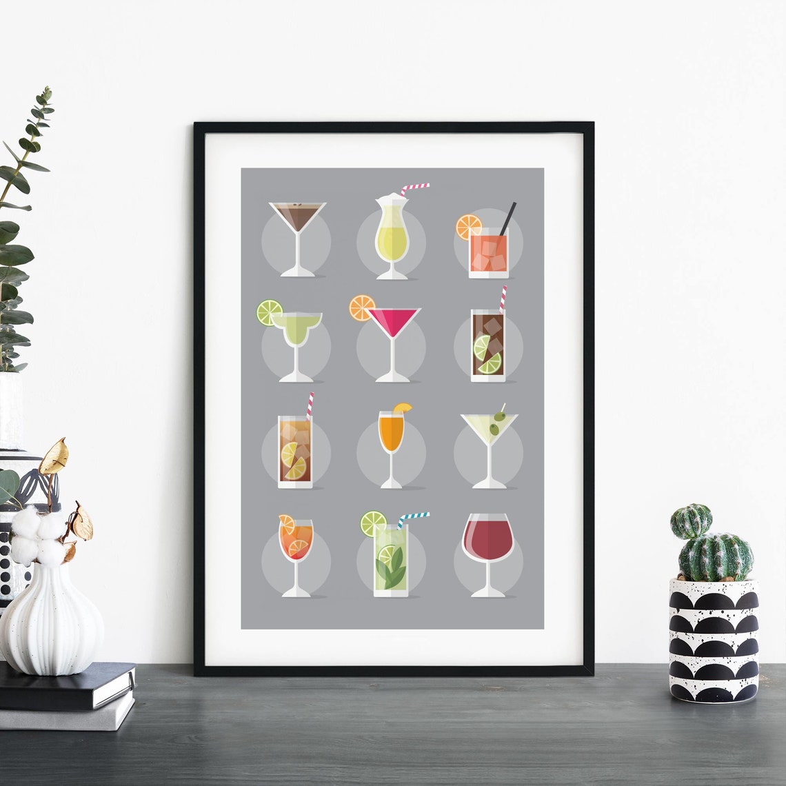 Classic Cocktail Recipe Chart Twelve Drinks Illustrated Bar Poster