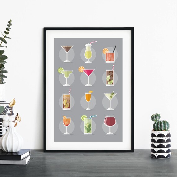 Classic Cocktail Recipe Chart Twelve Drinks Illustrated Bar Poster