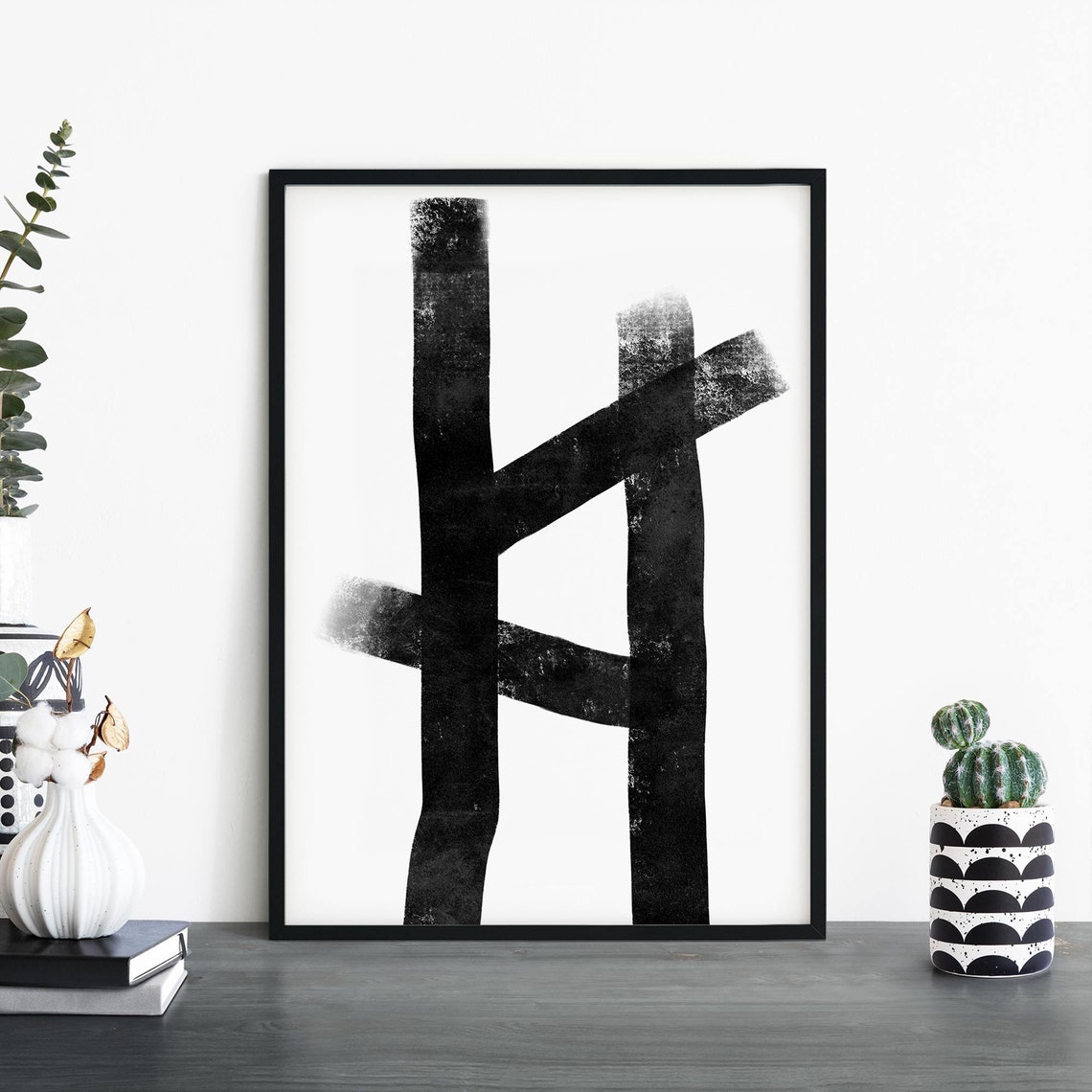 Bold Black Brushstroke Lines Marks Monochrome Abstract Poster