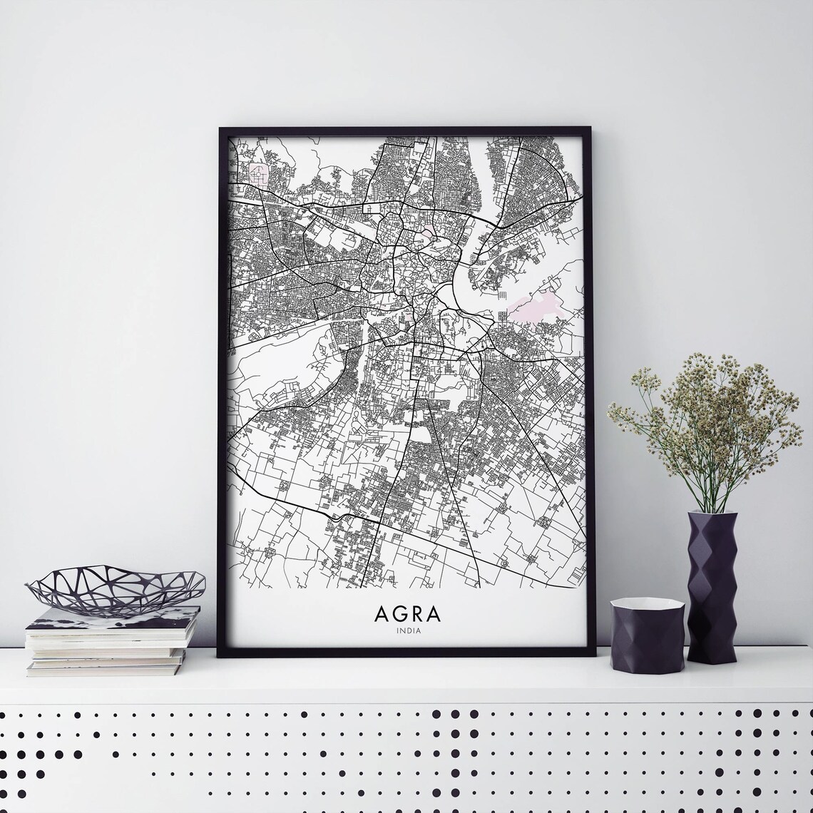 Agra India Black and White City Street Map Digital Download Poster