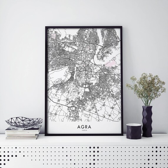 Agra India Black and White City Street Map Digital Download Poster