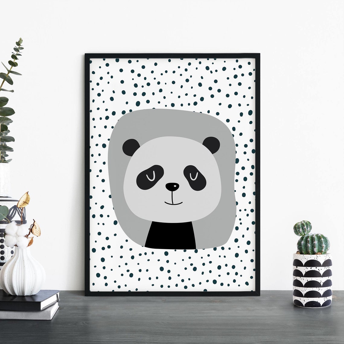 Cute Panda Face Nursery Poster on a White Polka Dot Background