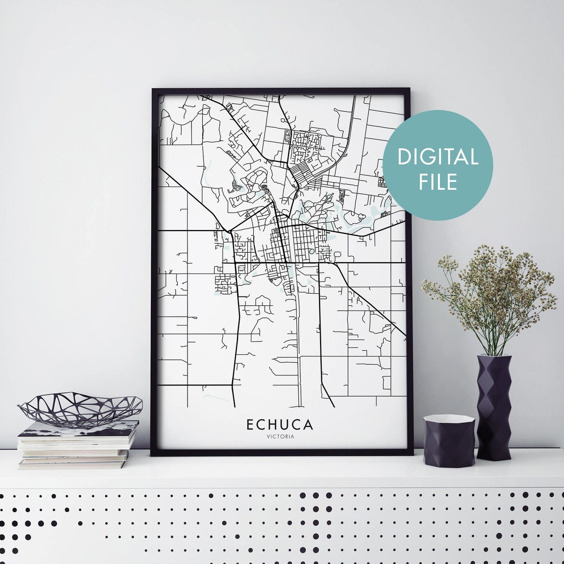 Echuca Victoria Black White City Map Digital Download Art Poster