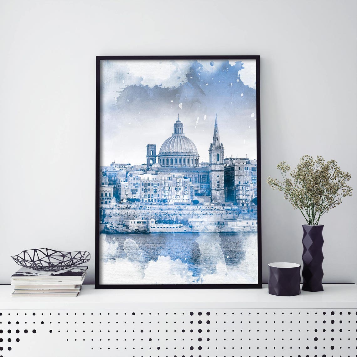 Valletta Malta Blue Watercolor Cityscape Dome Skyline Travel Poster