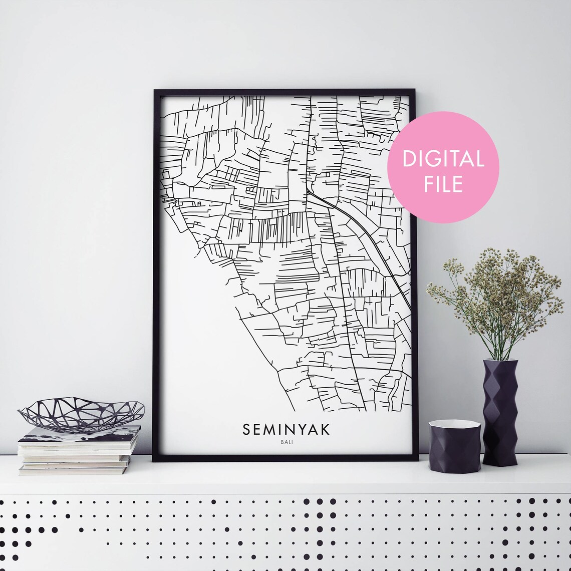 Seminyak Bali Indonesia Minimalist Street Map Black Line City Poster