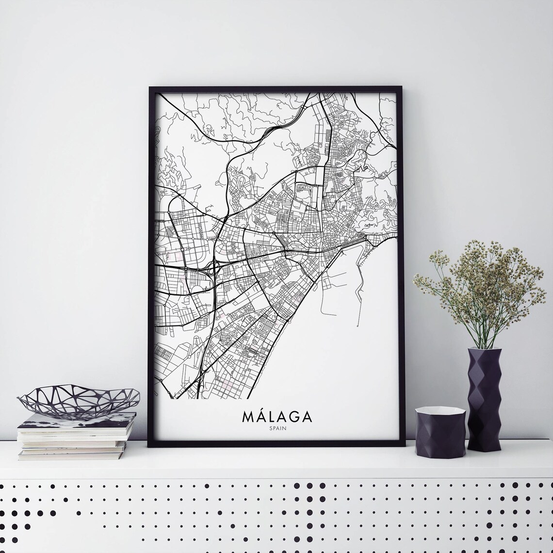 Malaga Spain Black White Minimalist City Street Map Decor Poster