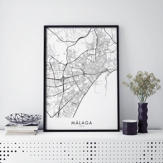 Malaga Spain Black White Minimalist City Street Map Decor Poster
