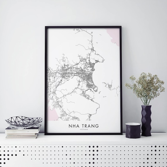 Nha Trang Vietnam Black White City Map Poster With Blush Accents Art