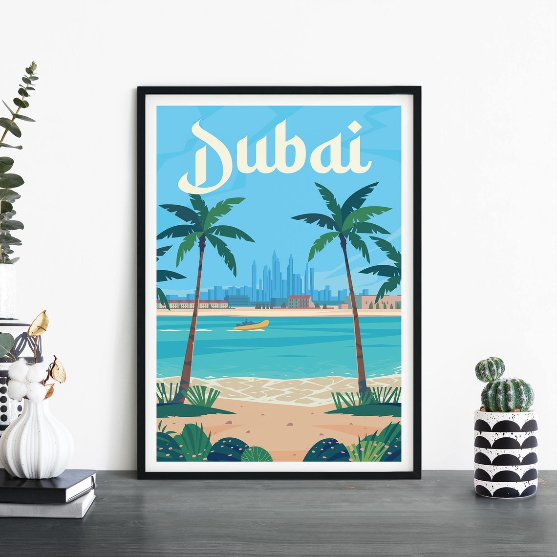 Dubai UAE Travel Poster With Palm Trees Beach And City Skyline View