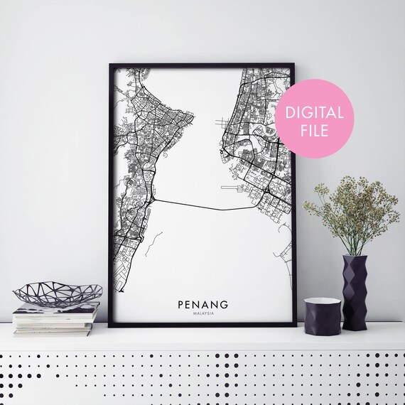 Penang Malaysia City Street Map Minimalist Digital Download Poster