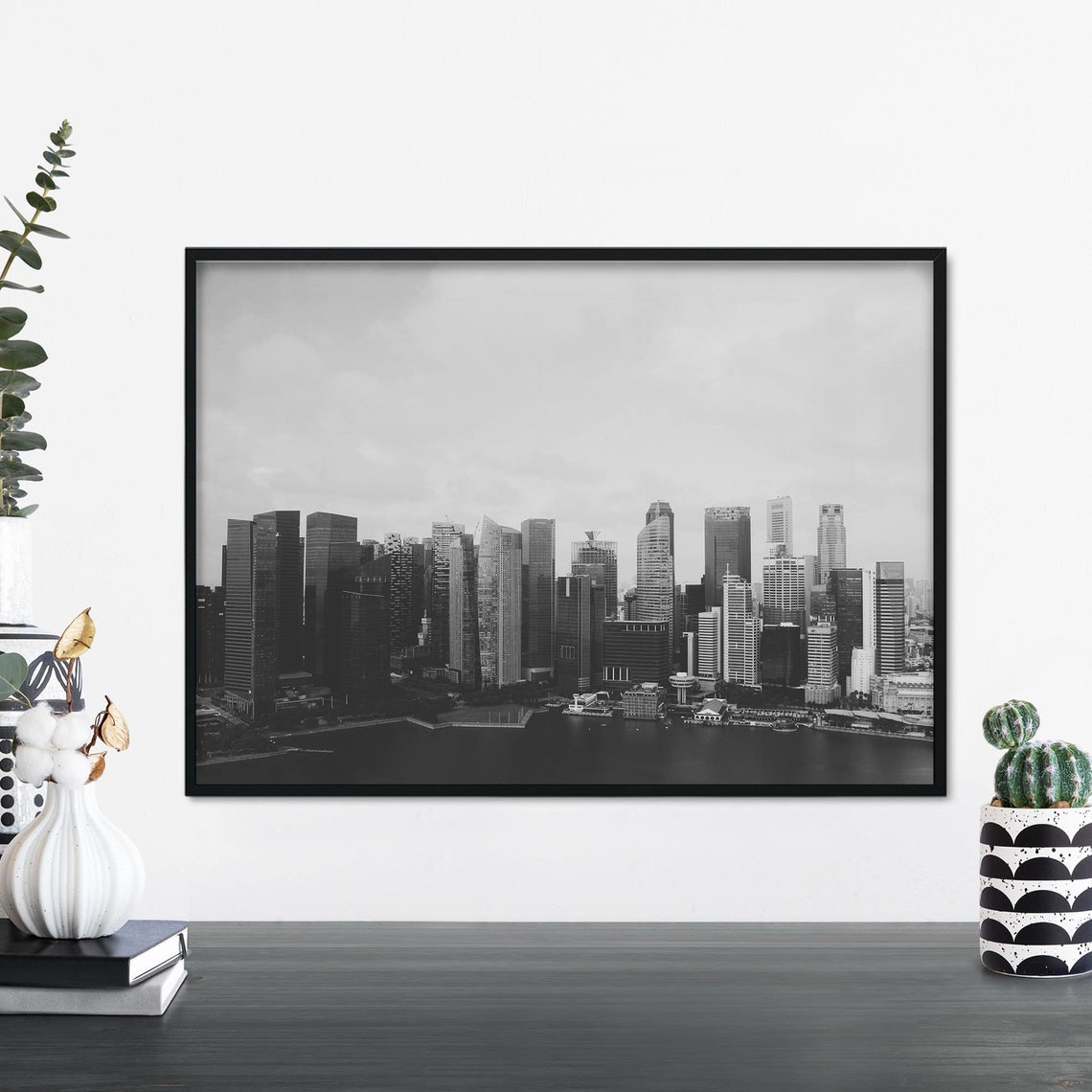 Singapore Marina Bay Panoramic Black White Waterfront Poster