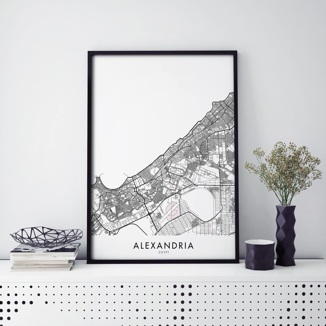 Alexandria Egypt Coastal City Minimalist Black White Map Poster