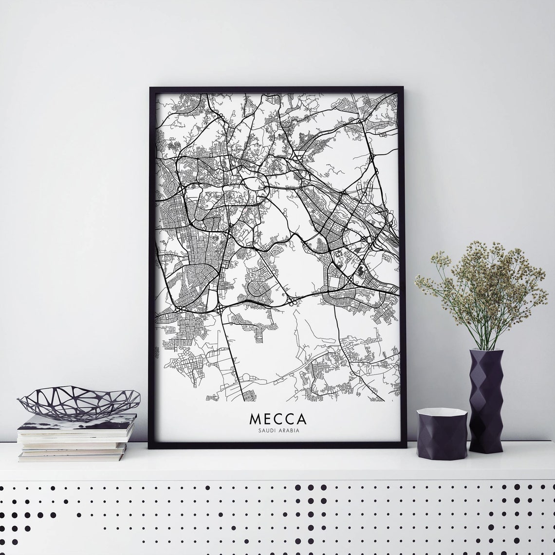 Mecca Saudi Arabia Minimal Monochrome Street Map Elegant Art Poster