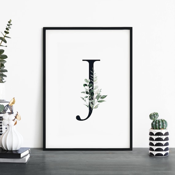 Botanical Letter J Monogram Print with Watercolor Green Foliage