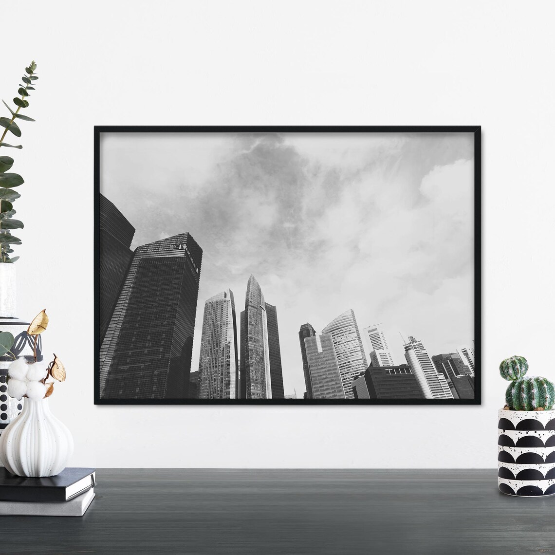 Singapore Skyscrapers Black White Financial District Skyline Poster