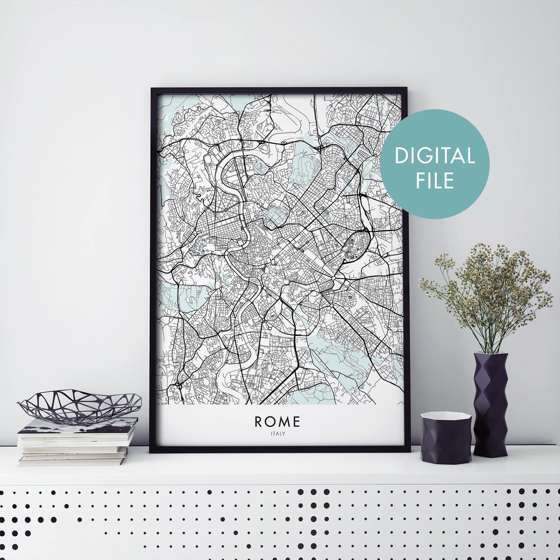 Rome Italy Minimalist Street Map Black Line Art City Travel Poster