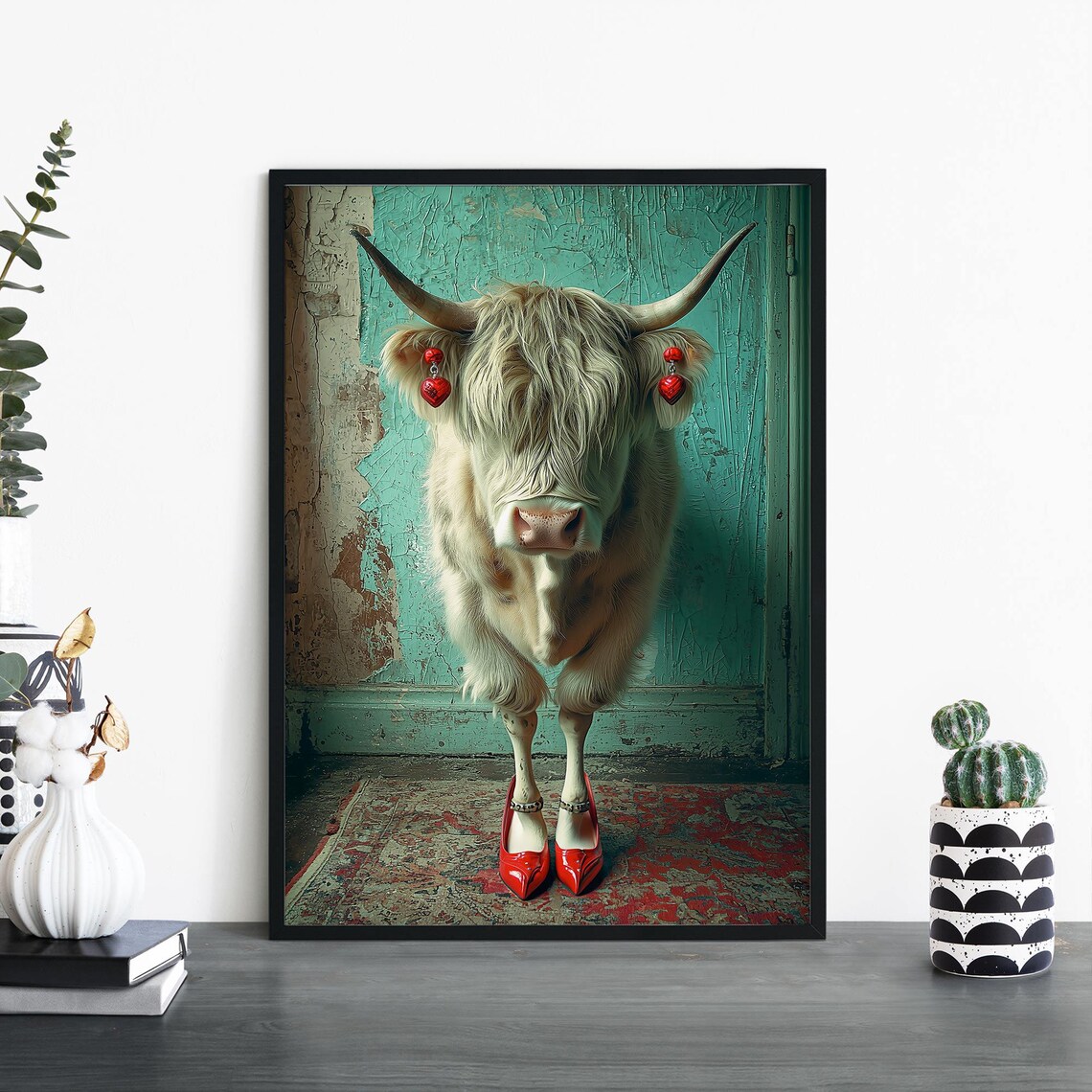 Highland Cow In Red High Heels Funny Glam Animal Portrait Poster