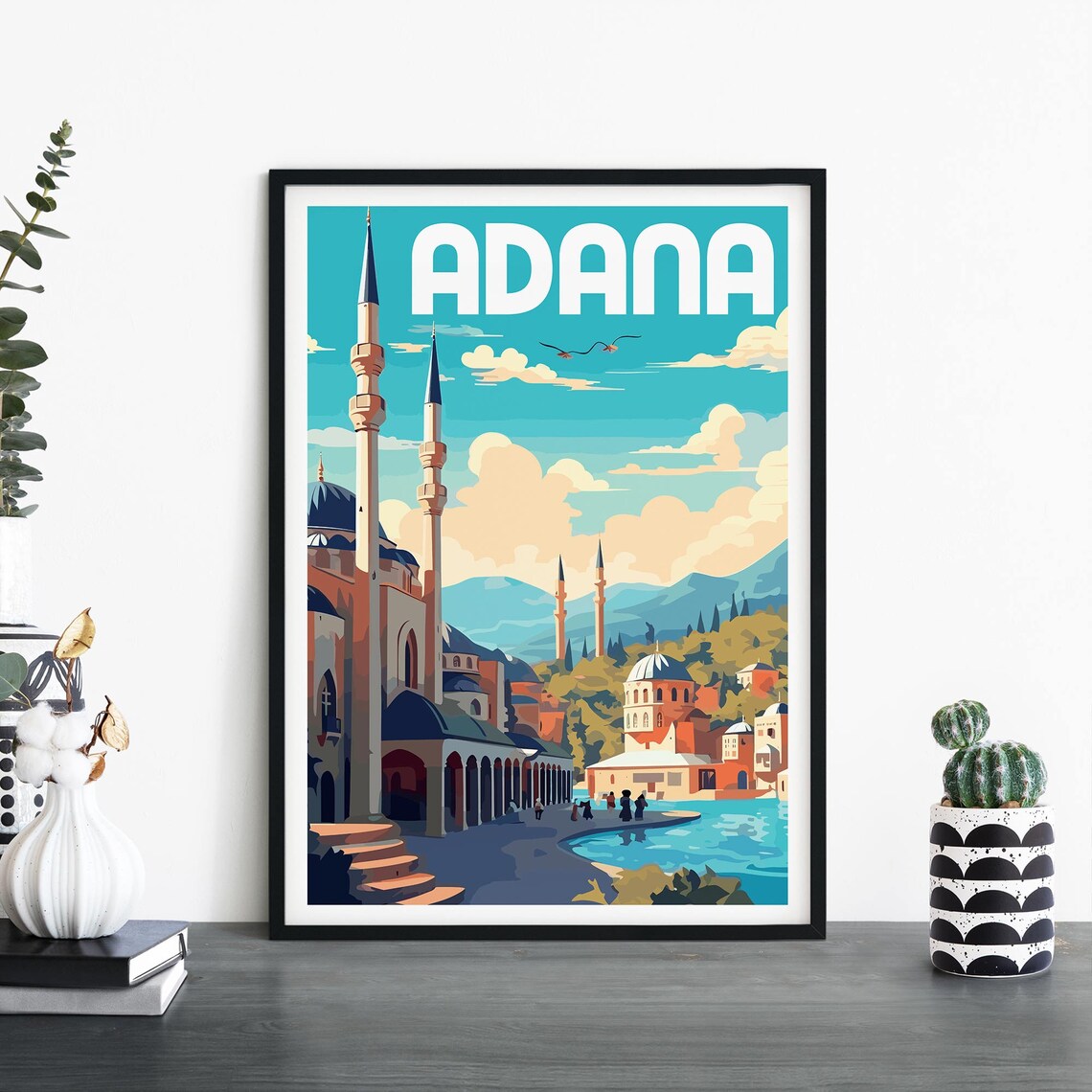 Adana Turkey Mosque Minarets Vintage Style Travel Illustration Poster