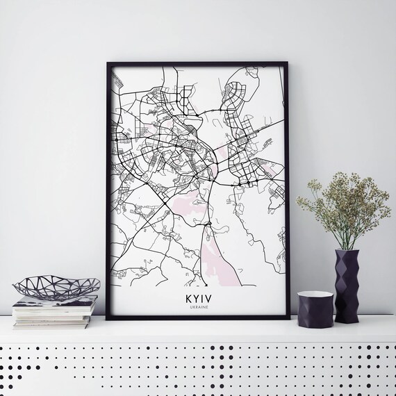 Minimal Black And White Kyiv Ukraine City Street Map Wall Art