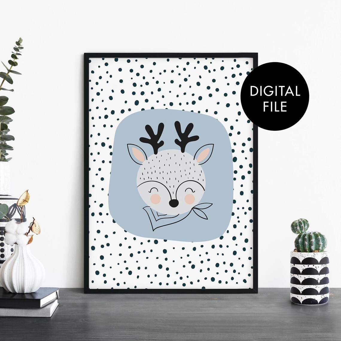 Cute Smiling Deer Nursery Polka Dot Kids Room Decor Art Poster