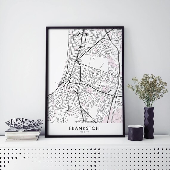 Frankston Melbourne Minimalist Black White Street City Map Art Print