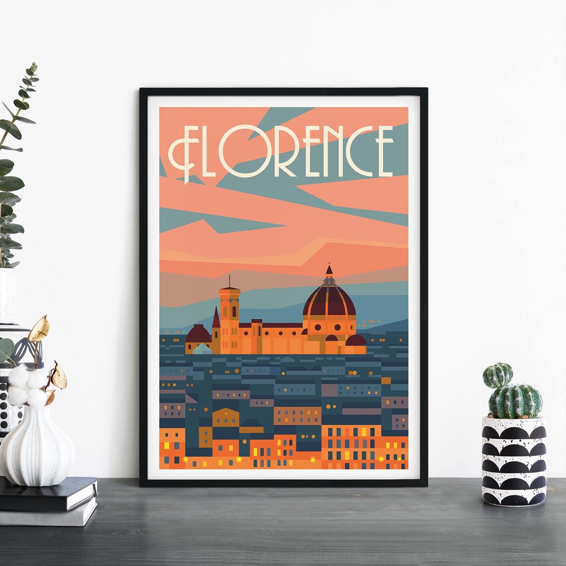 Florence Cathedral Duomo Dusk Skyline Vintage Italy Travel Poster