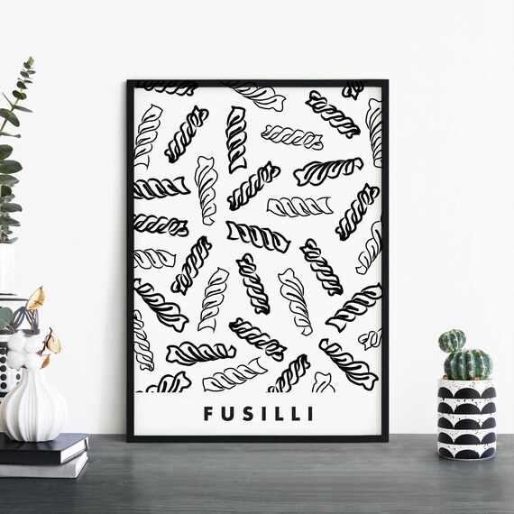 Fusilli Pasta Pattern Black And White Minimalist Kitchen Food Poster