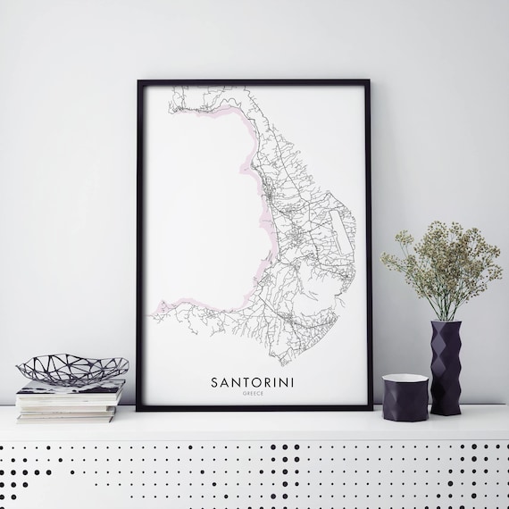 Santorini Greece Island Map Black Frame Digital File Wall Poster
