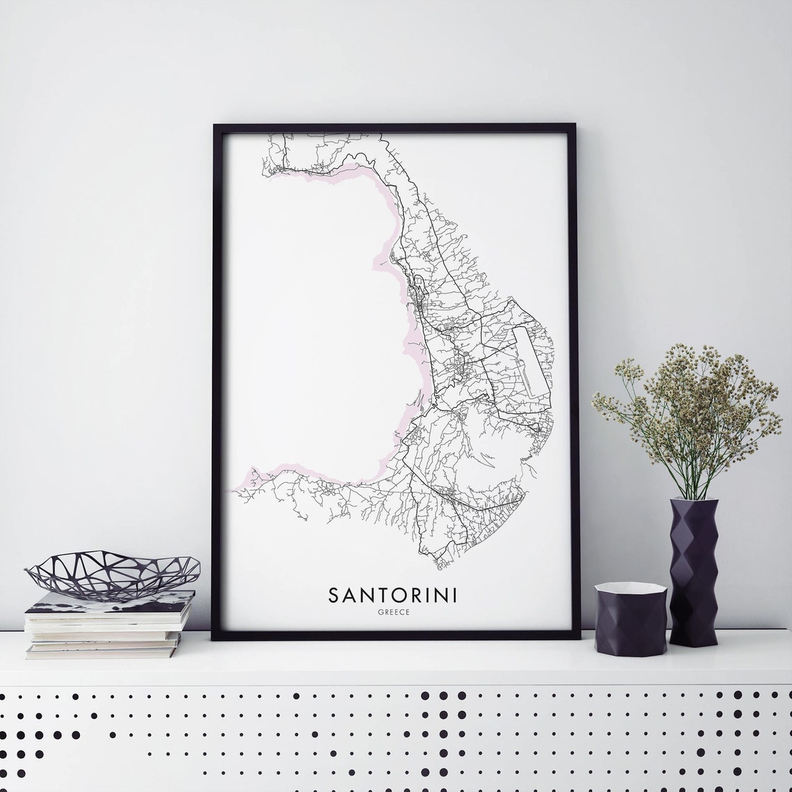 Santorini Greece Island Map Black Frame Digital File Wall Poster