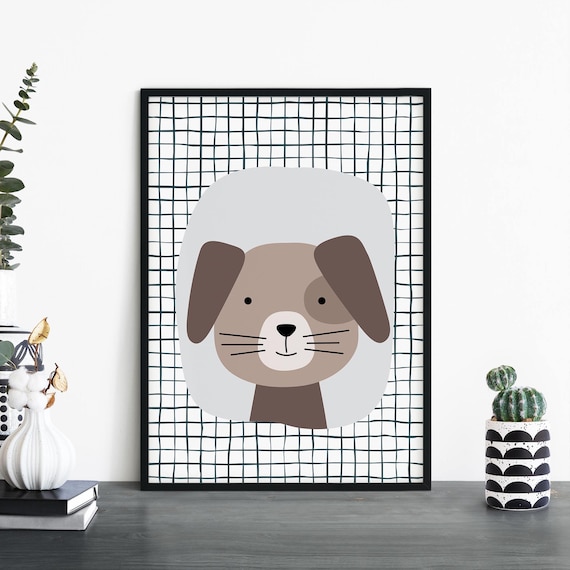 Cute Brown Puppy Face Cartoon Nursery Kids Bedroom Decor Poster