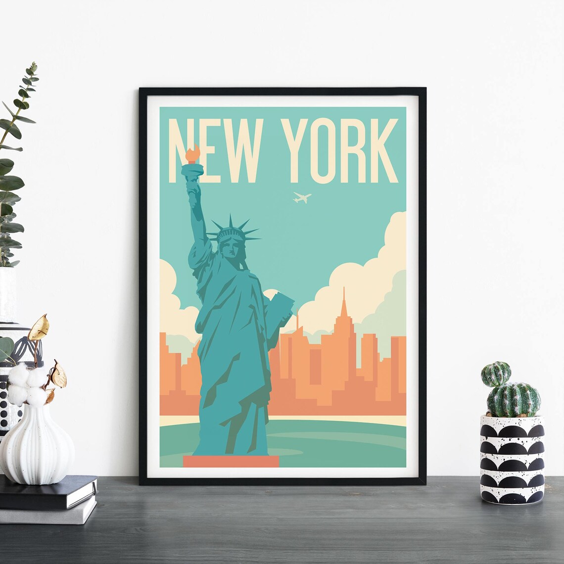 New York Statue Of Liberty Harbor Skyline Retro Travel Poster