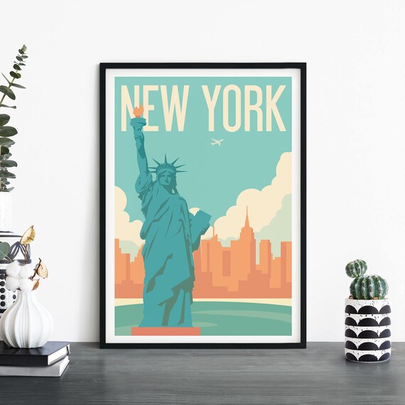 New York Statue Of Liberty Harbor Skyline Retro Travel Poster