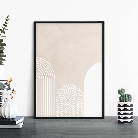 Three Modern Geo Beige White Abstract Art Print