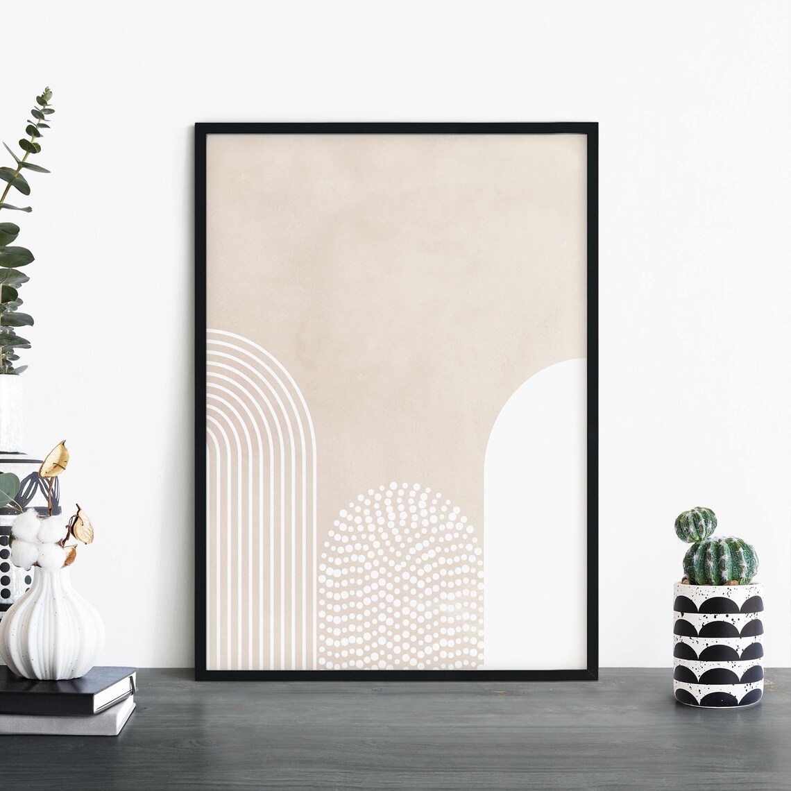 Three Modern Geo Beige White Abstract Art Print