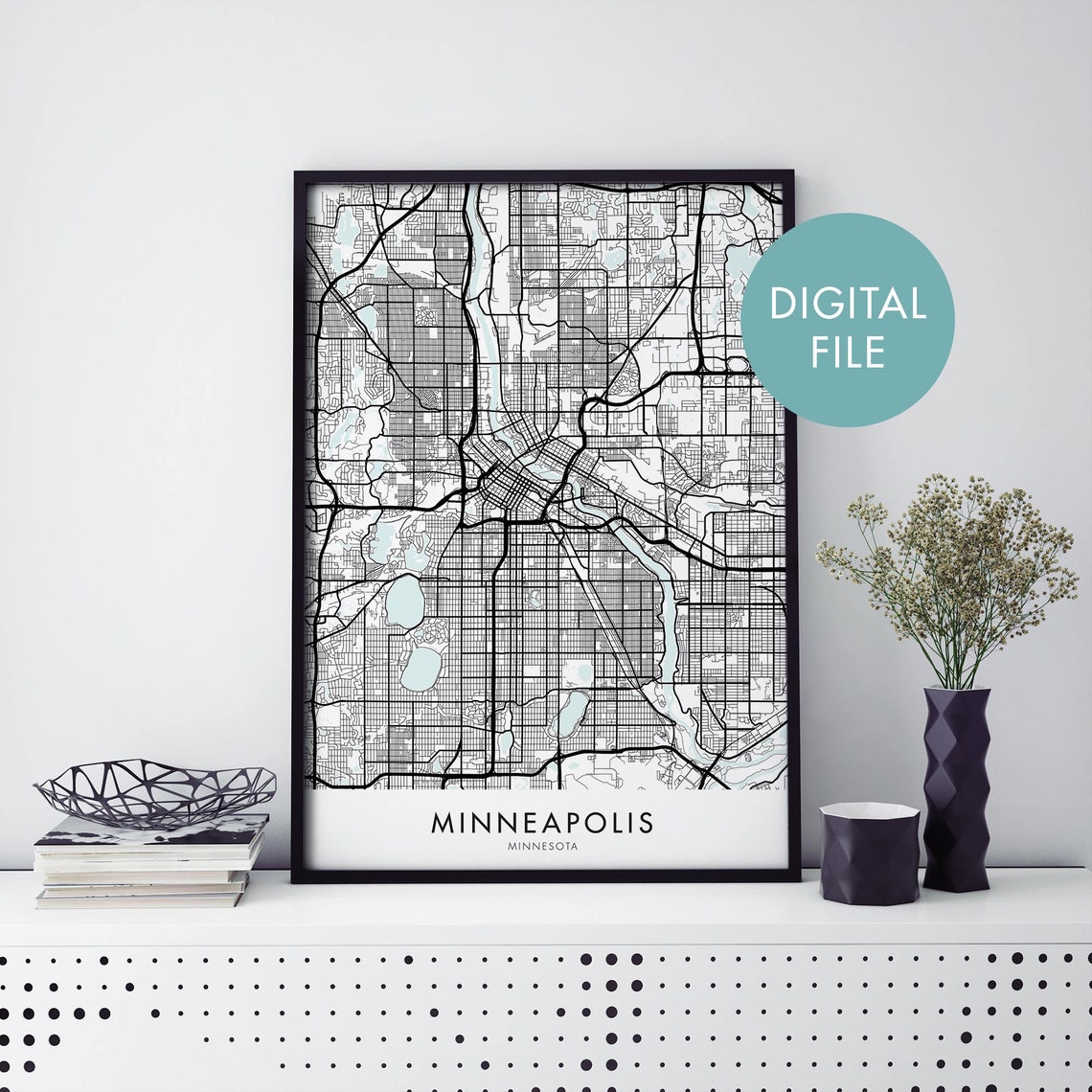 Minneapolis Minnesota Black Line Digital File City Map Poster