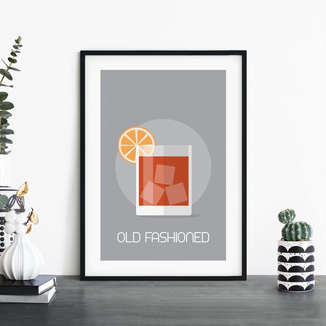 Old Fashioned Cocktail Minimalist Grey Drink Illustration Wall Art