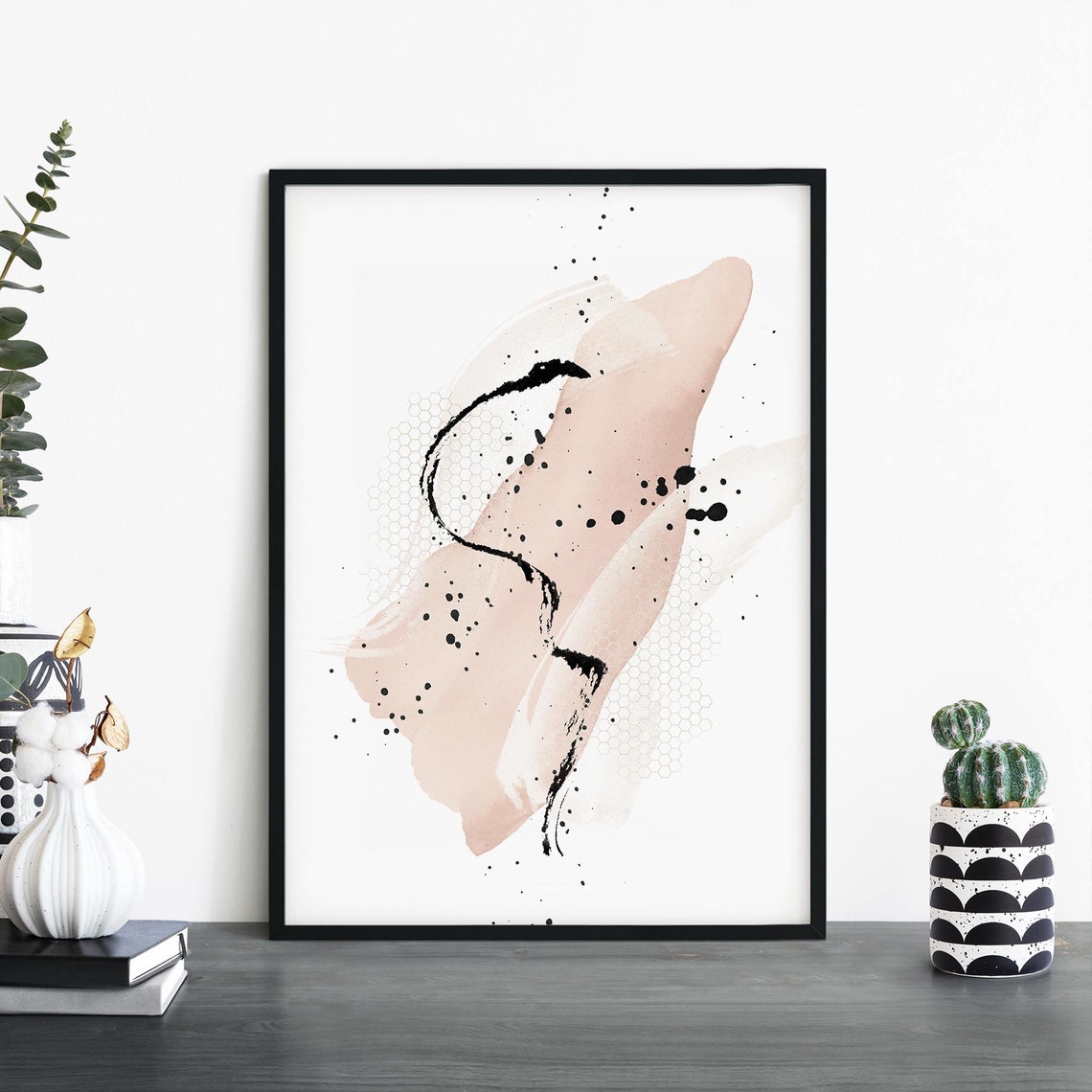 Beige Black Abstract Ink Splatter Brushstroke Modern Neutral Poster