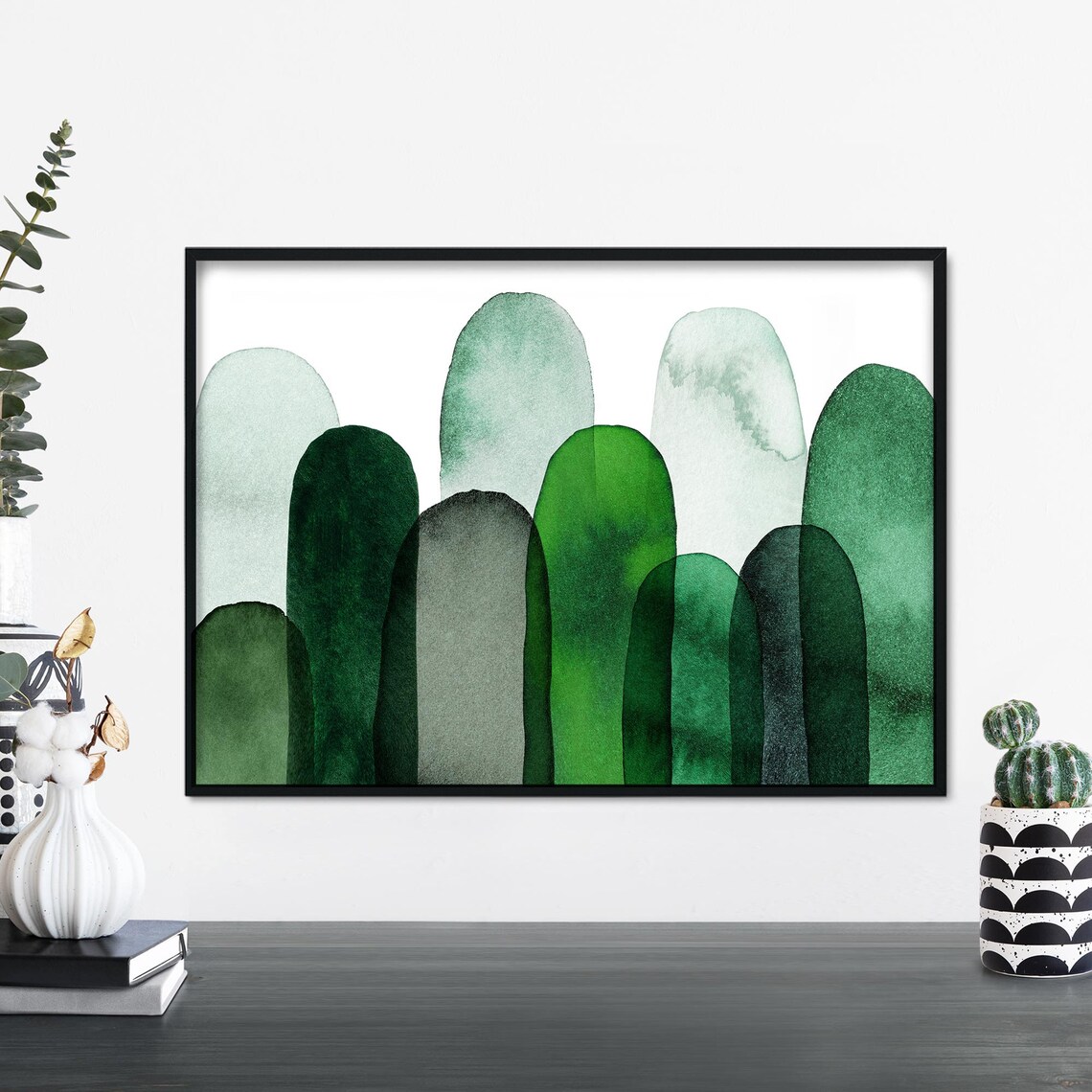 Watercolor Arch Domes Landscape Poster In Emerald Green Tones