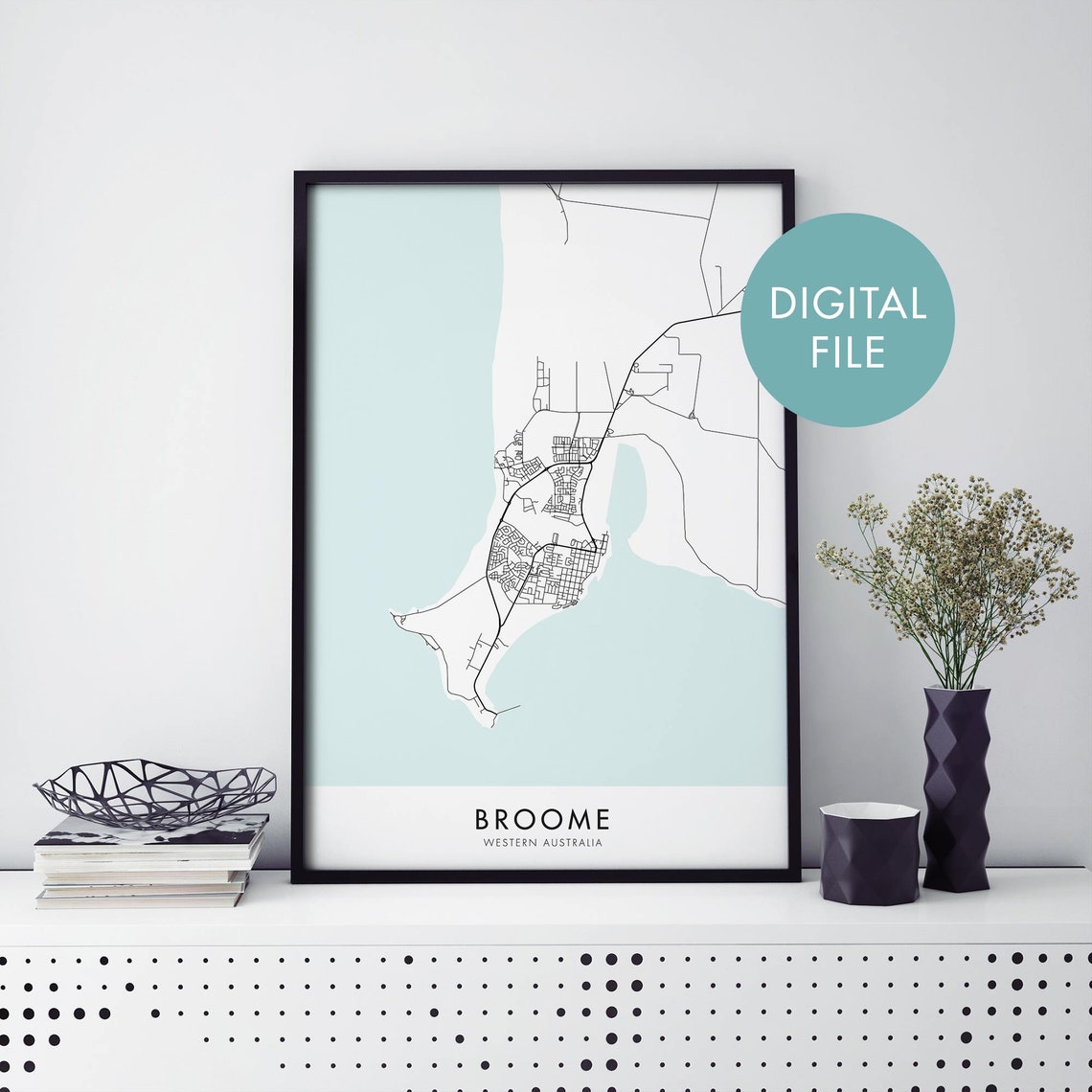 Minimal Aqua Background Broome Western Australia City Map Wall Art
