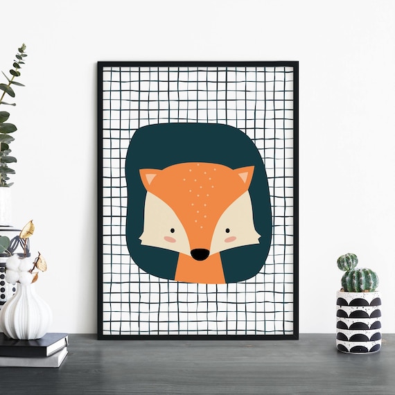 Adorable Orange Fox Face Checkered Pattern Baby Nursery Wall Art