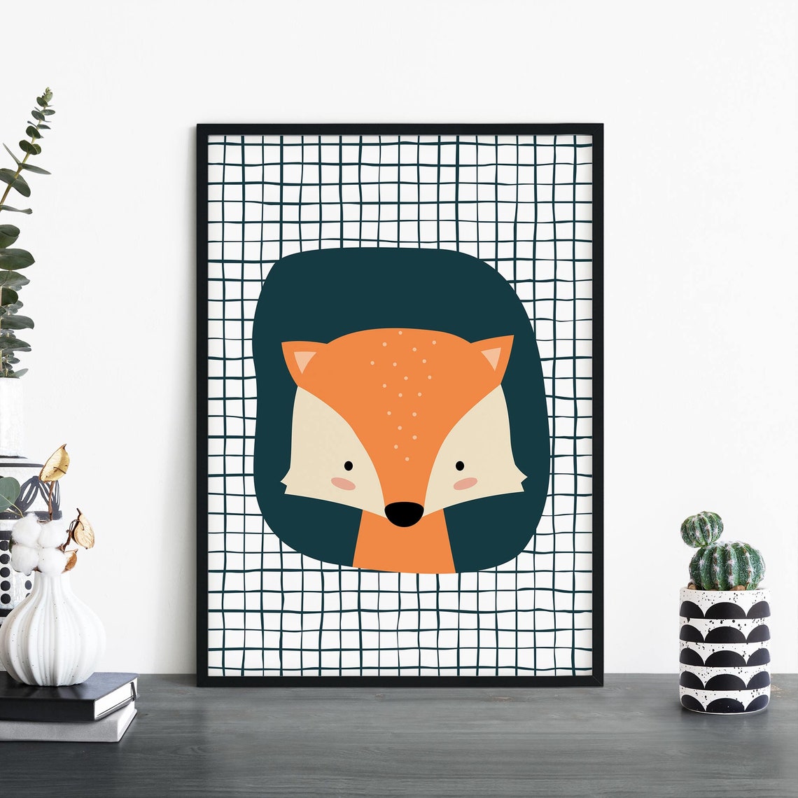 Adorable Orange Fox Face Checkered Pattern Baby Nursery Wall Art