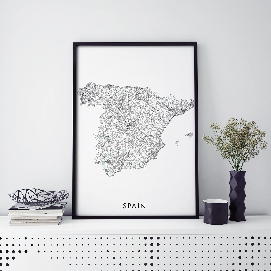 Spain Country Road Network Map Minimalist Black Line Art Poster