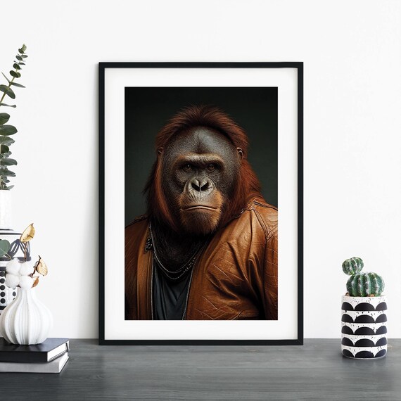 Orangutan In Brown Leather Jacket Dramatic Portrait Stylish Modern Home Decor Art Poster