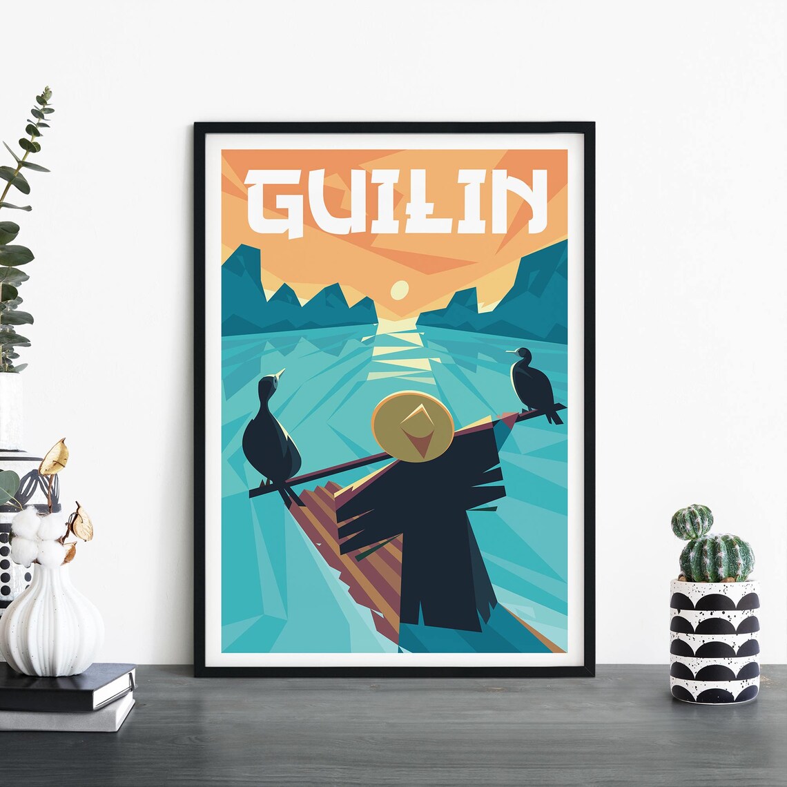 Guilin China Cormorant Fisherman on the River at Sunset Poster