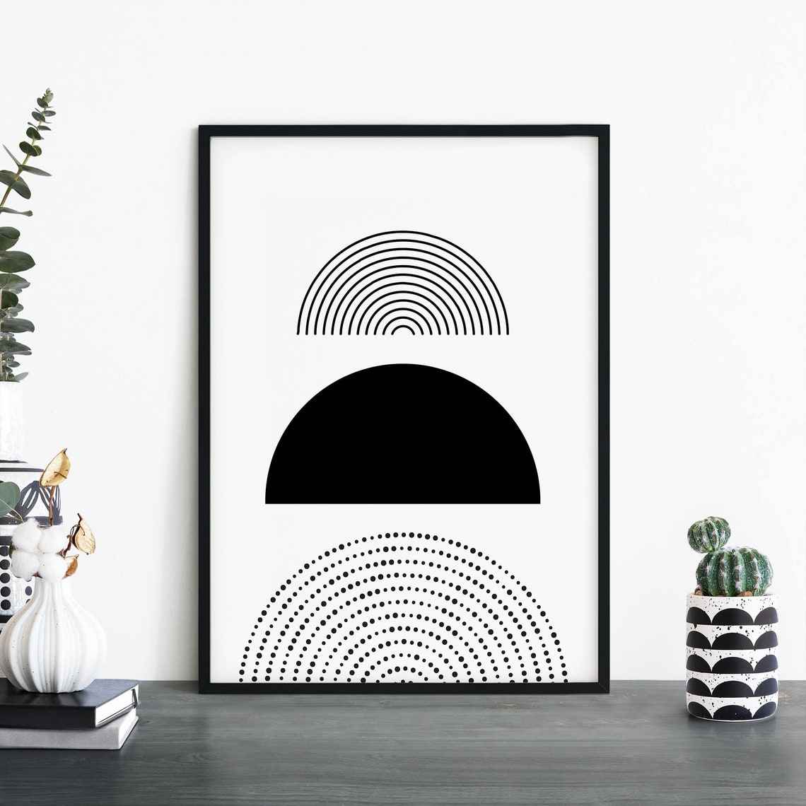 Black White Geometric Dome Lines Abstract Minimalist Modern Wall Art