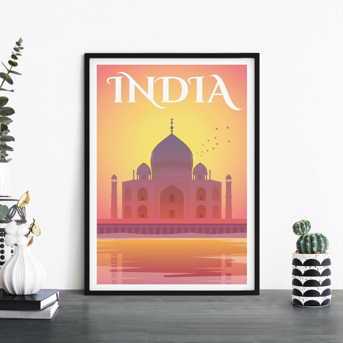 India Taj Mahal Sunset Silhouette Illustrative Travel Poster