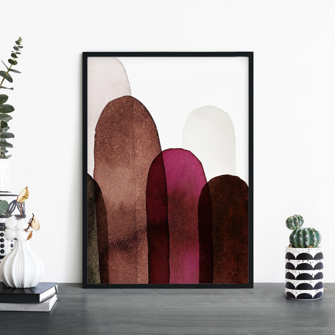 Watercolor Arch Domes Abstract Poster In Plum Burgundy Brown Shades